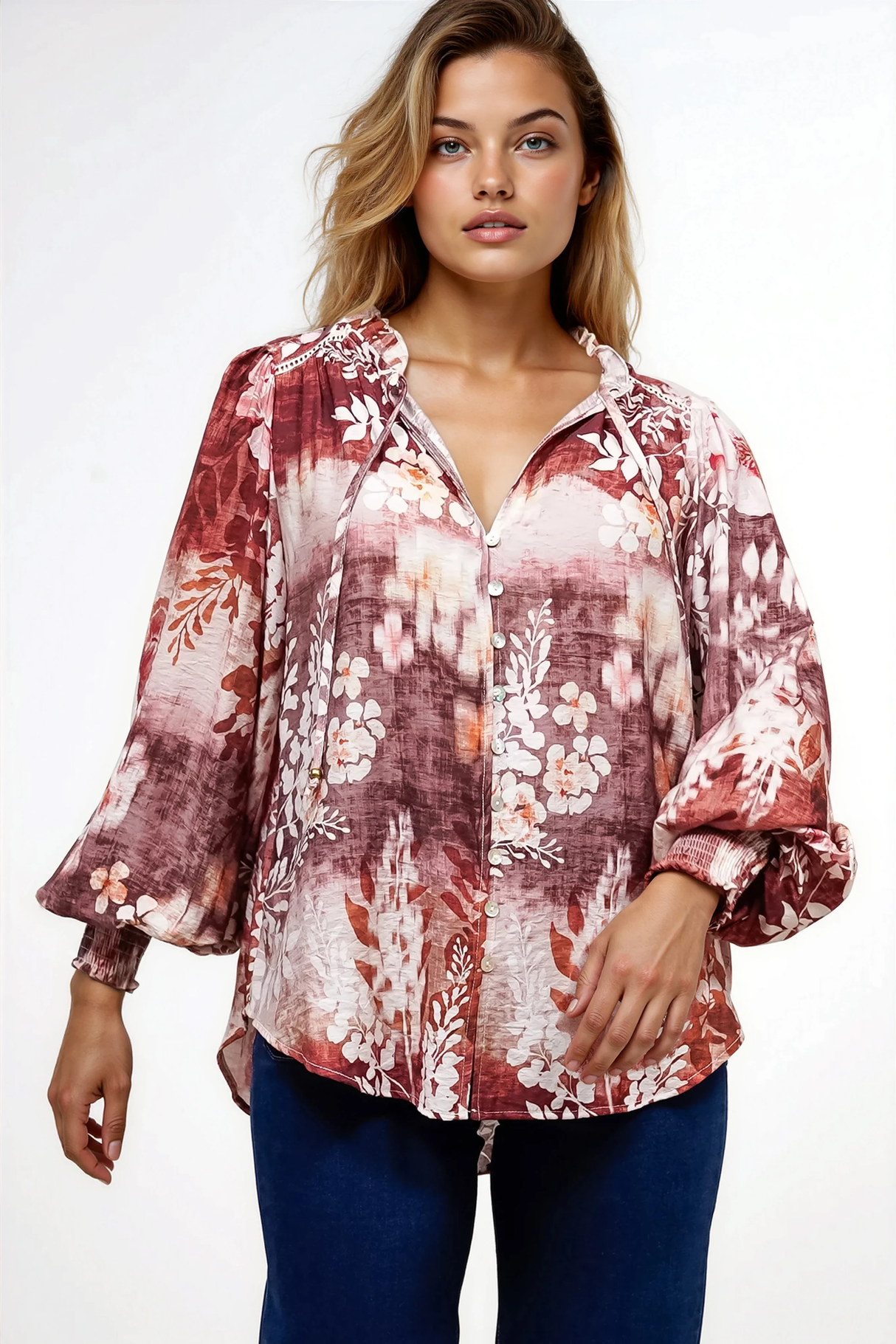 Violet Blouse - Frill Collar Button Down Balloon Sleeve Blouse In Ashara Print