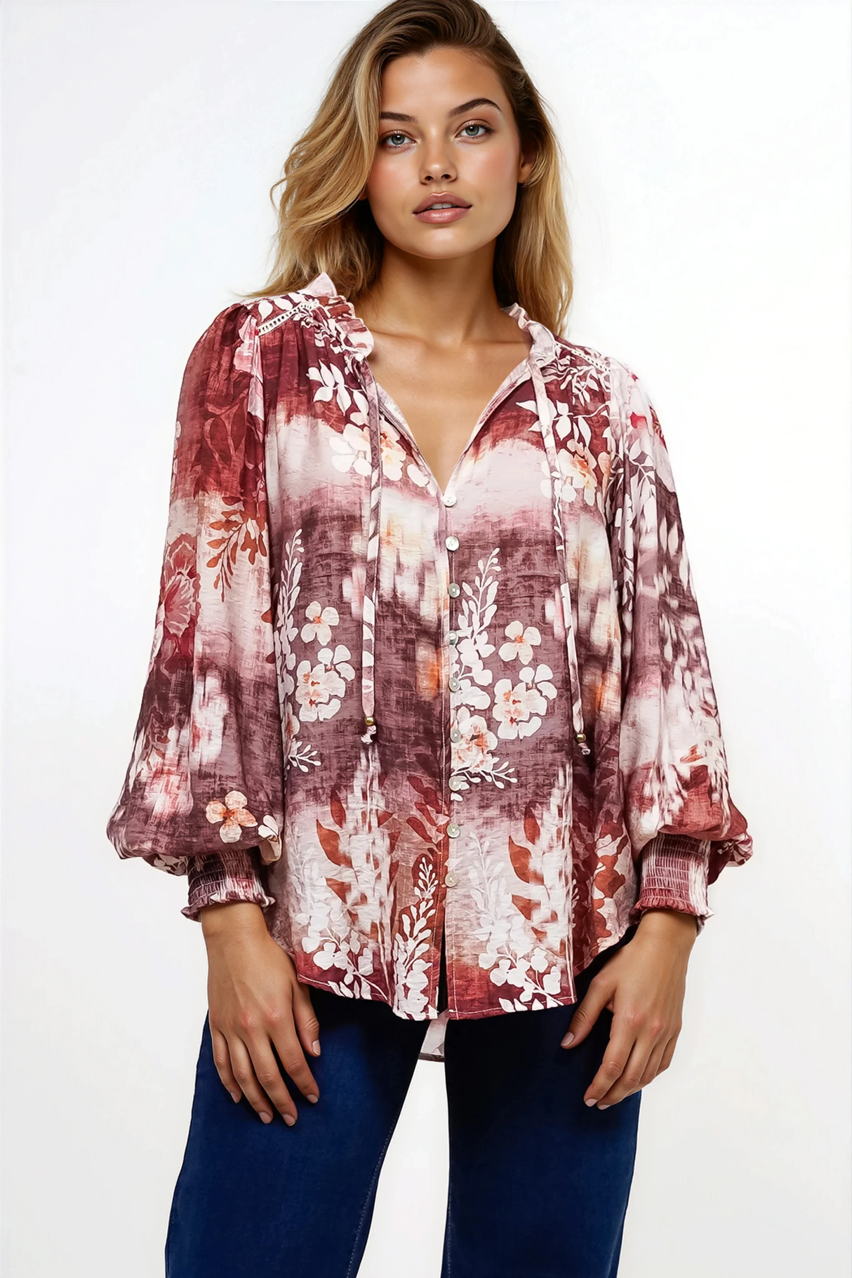 Violet Blouse - Frill Collar Button Down Balloon Sleeve Blouse In Ashara Print
