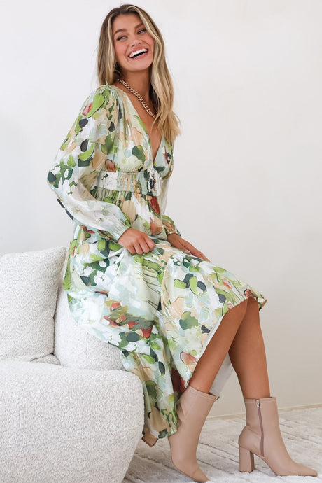Violla Maxi Dress - V Neck Shirred Waist A Line Dress in Kamara Print Green