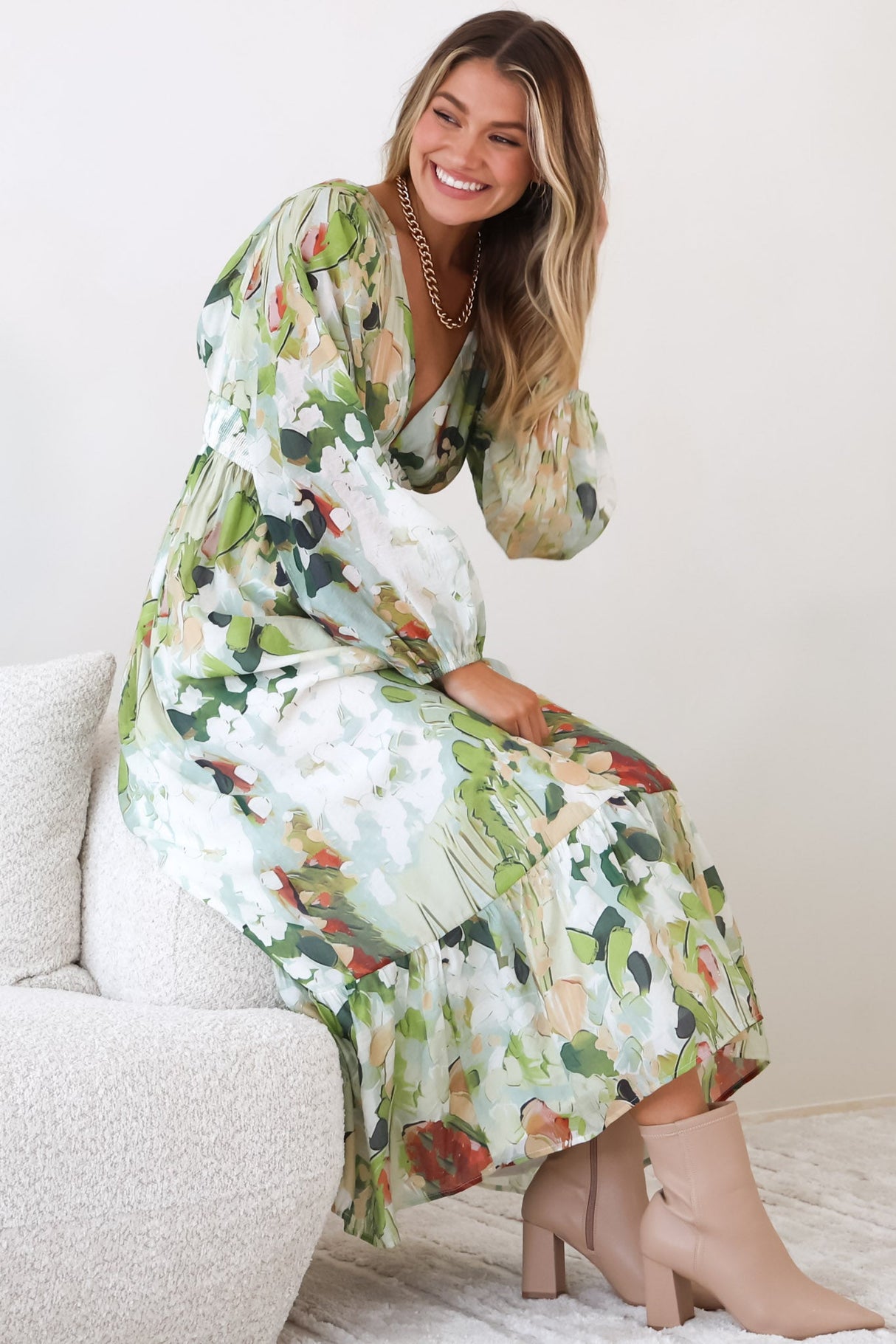 Violla Maxi Dress - V Neck Shirred Waist A Line Dress in Kamara Print Green
