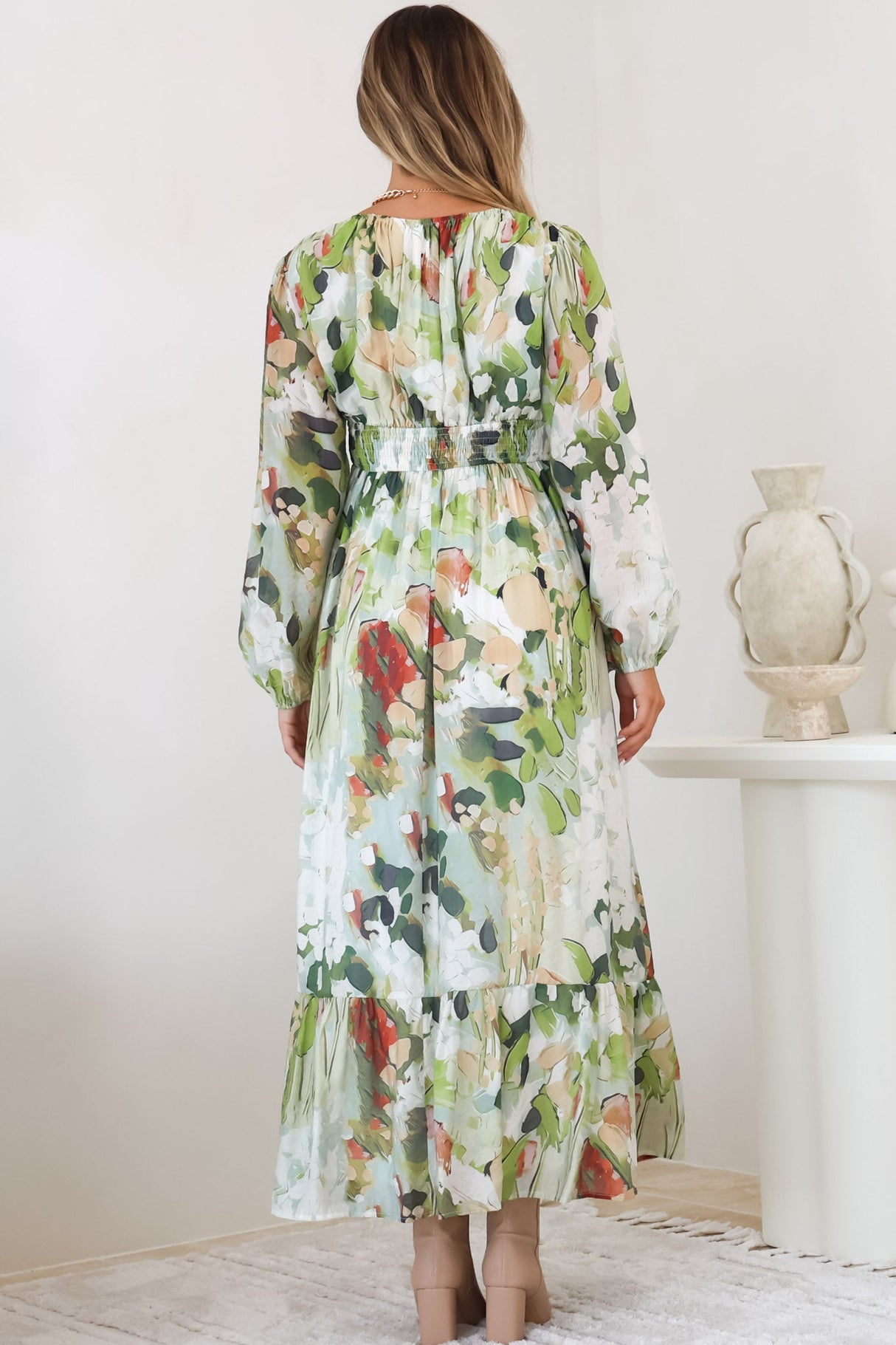 Violla Maxi Dress - V Neck Shirred Waist A Line Dress in Kamara Print Green