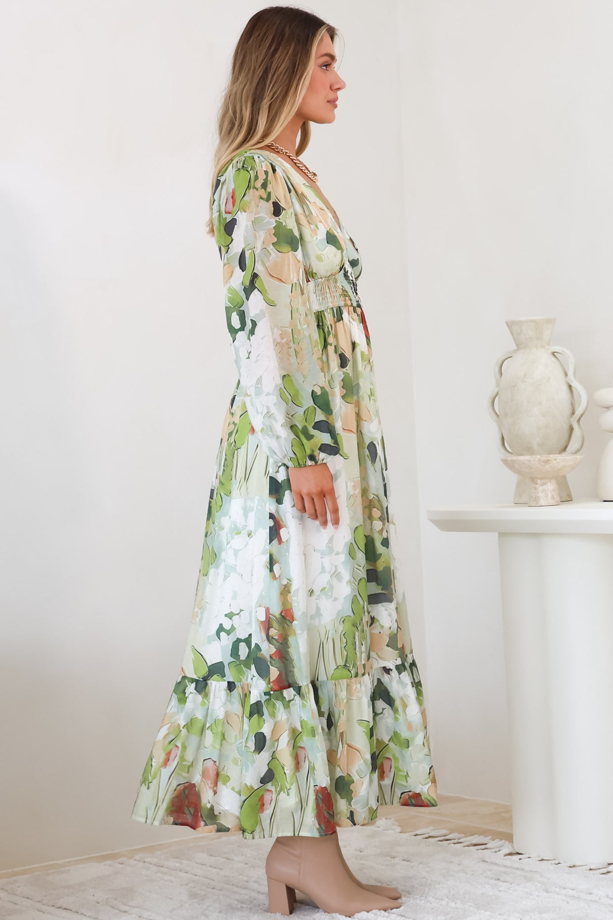 Violla Maxi Dress - V Neck Shirred Waist A Line Dress in Kamara Print Green