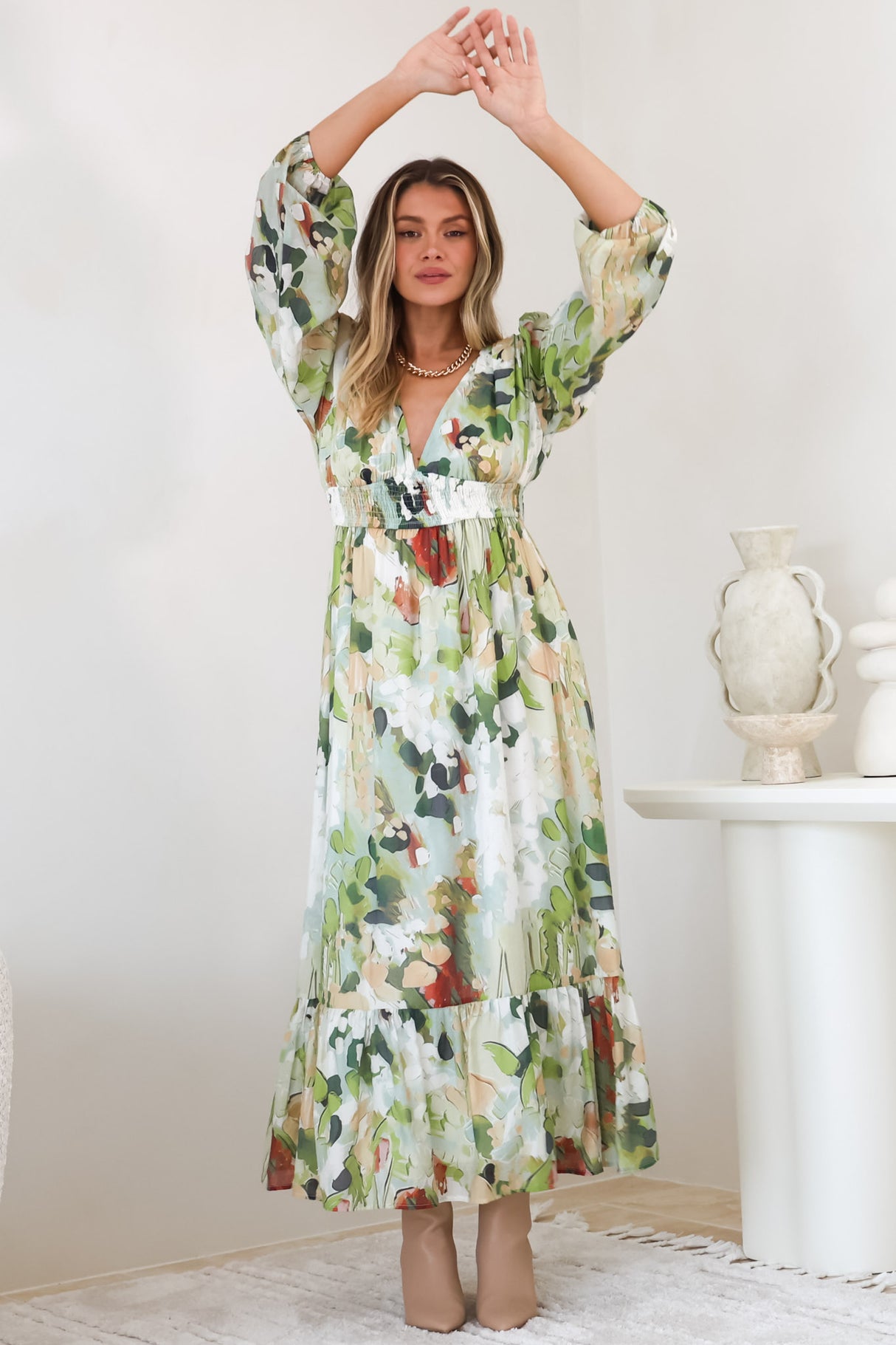 Violla Maxi Dress - V Neck Shirred Waist A Line Dress in Kamara Print Green