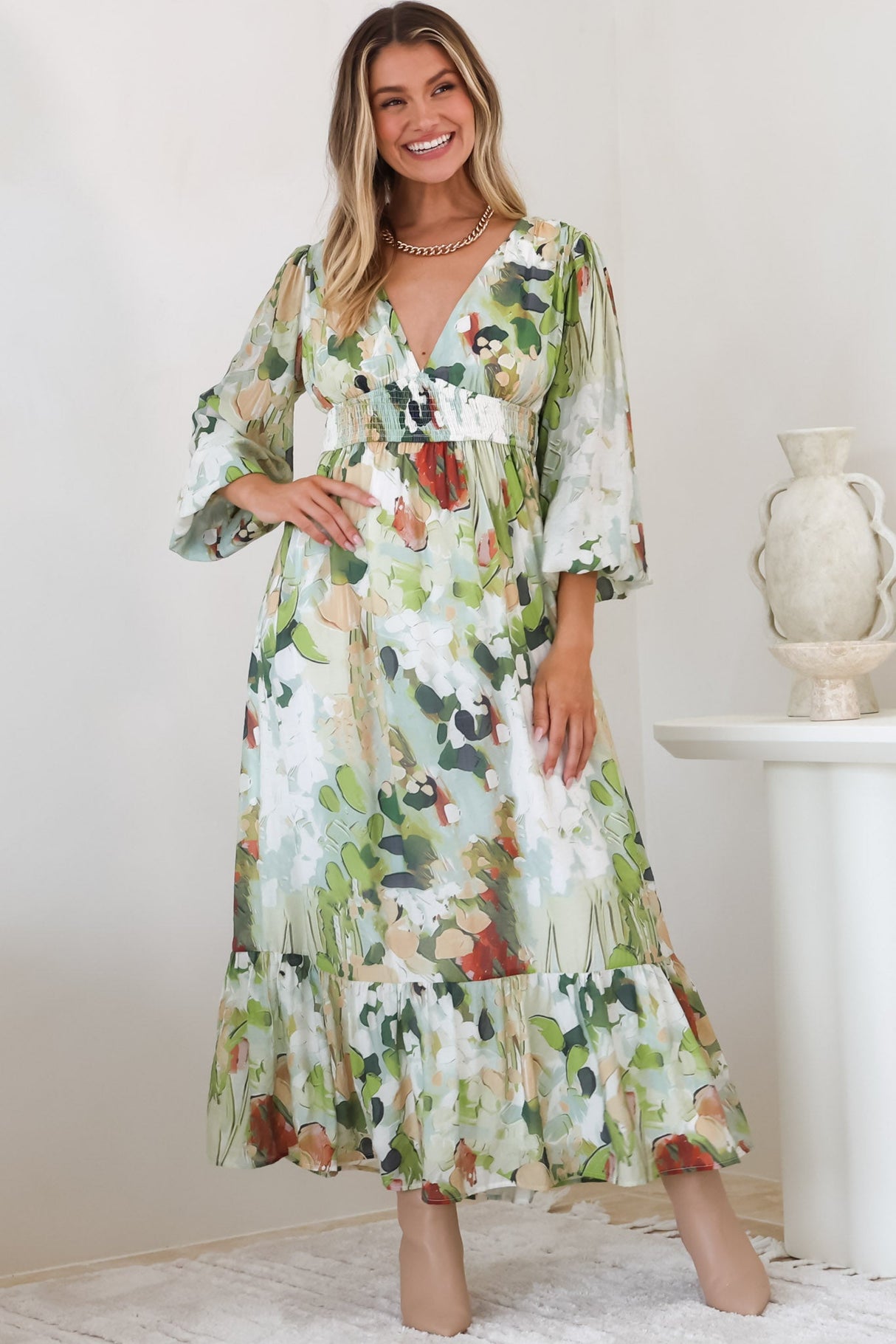 Violla Maxi Dress - V Neck Shirred Waist A Line Dress in Kamara Print Green