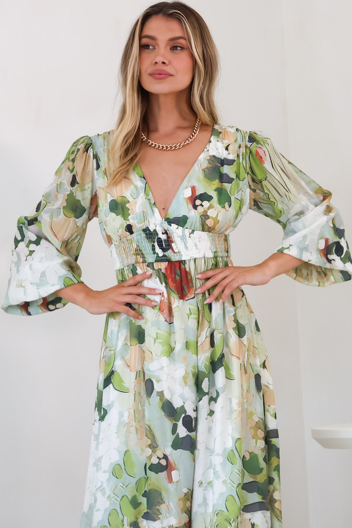 Violla Maxi Dress - V Neck Shirred Waist A Line Dress in Kamara Print Green