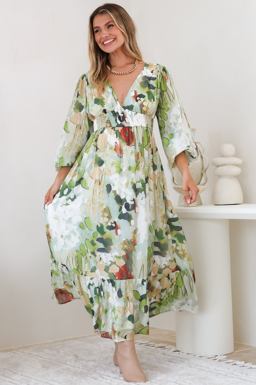 Violla Maxi Dress - V Neck Shirred Waist A Line Dress in Kamara Print Green