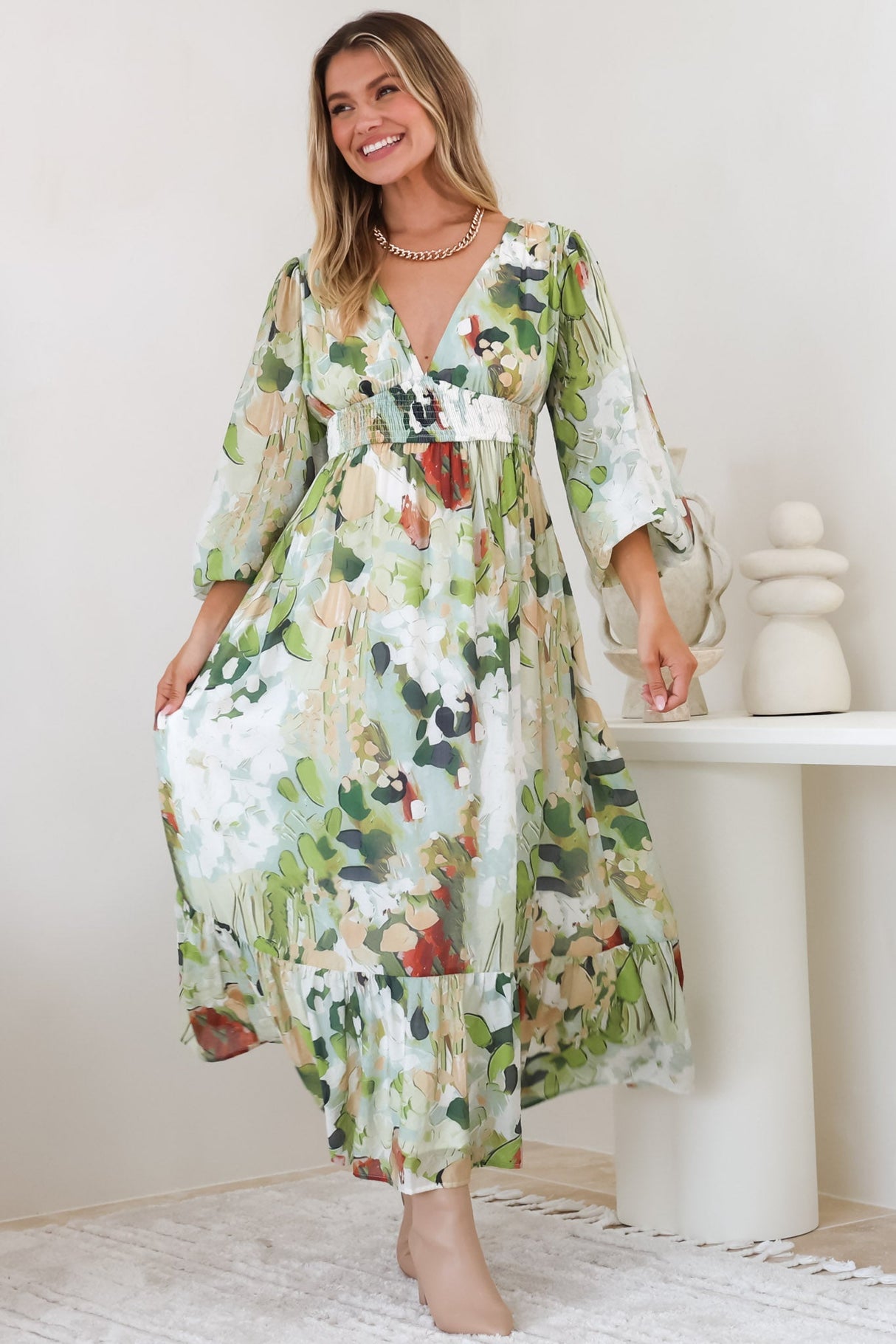 Violla Maxi Dress - V Neck Shirred Waist A Line Dress in Kamara Print Green