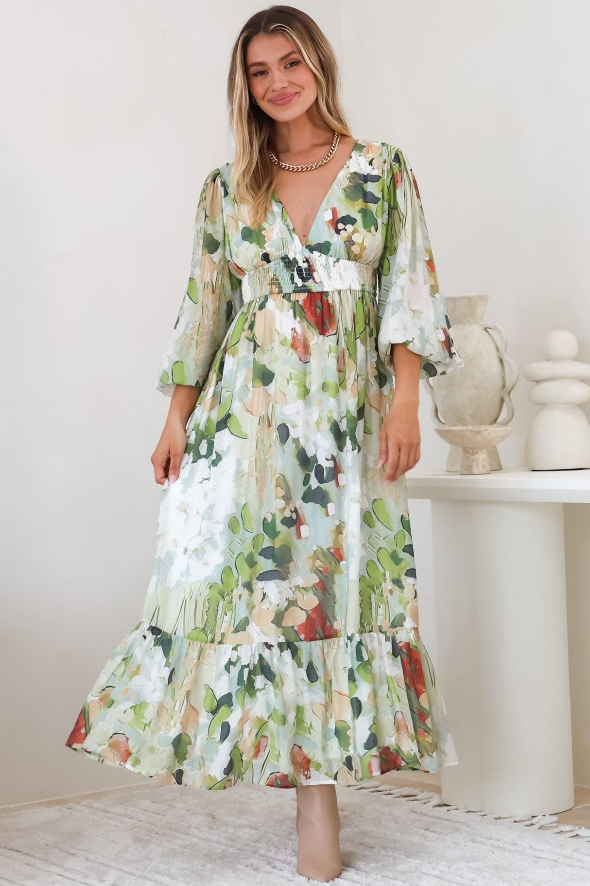 Violla Maxi Dress - V Neck Shirred Waist A Line Dress in Kamara Print Green