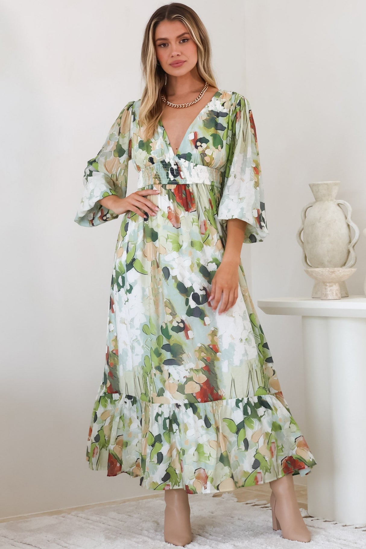 Violla Maxi Dress - V Neck Shirred Waist A Line Dress in Kamara Print Green