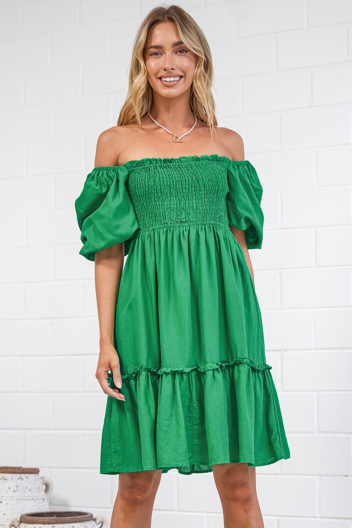 Virdia Mini Dress - On or Off Shoulder Puff Sleeve A Line Dress with Pockets in Green