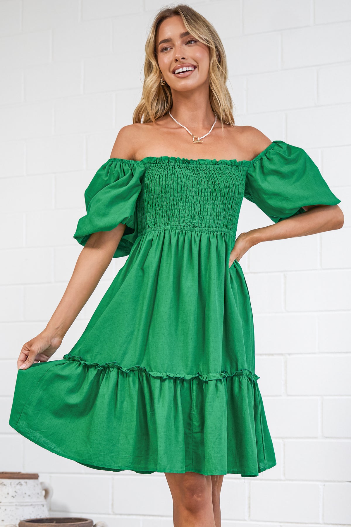 Virdia Mini Dress - On or Off Shoulder Puff Sleeve A Line Dress with Pockets in Green