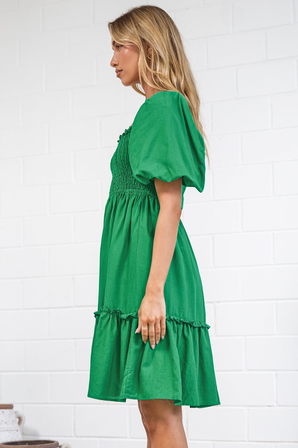 Virdia Mini Dress - On or Off Shoulder Puff Sleeve A Line Dress with Pockets in Green