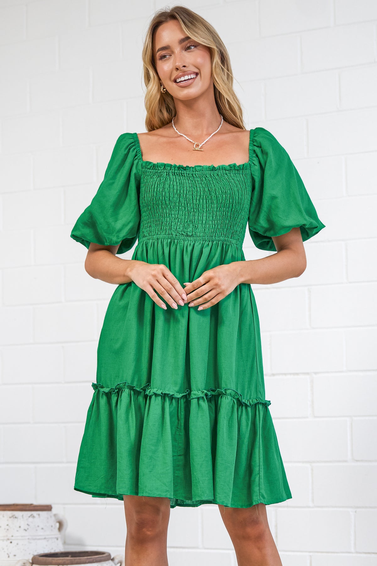 Virdia Mini Dress - On or Off Shoulder Puff Sleeve A Line Dress with Pockets in Green