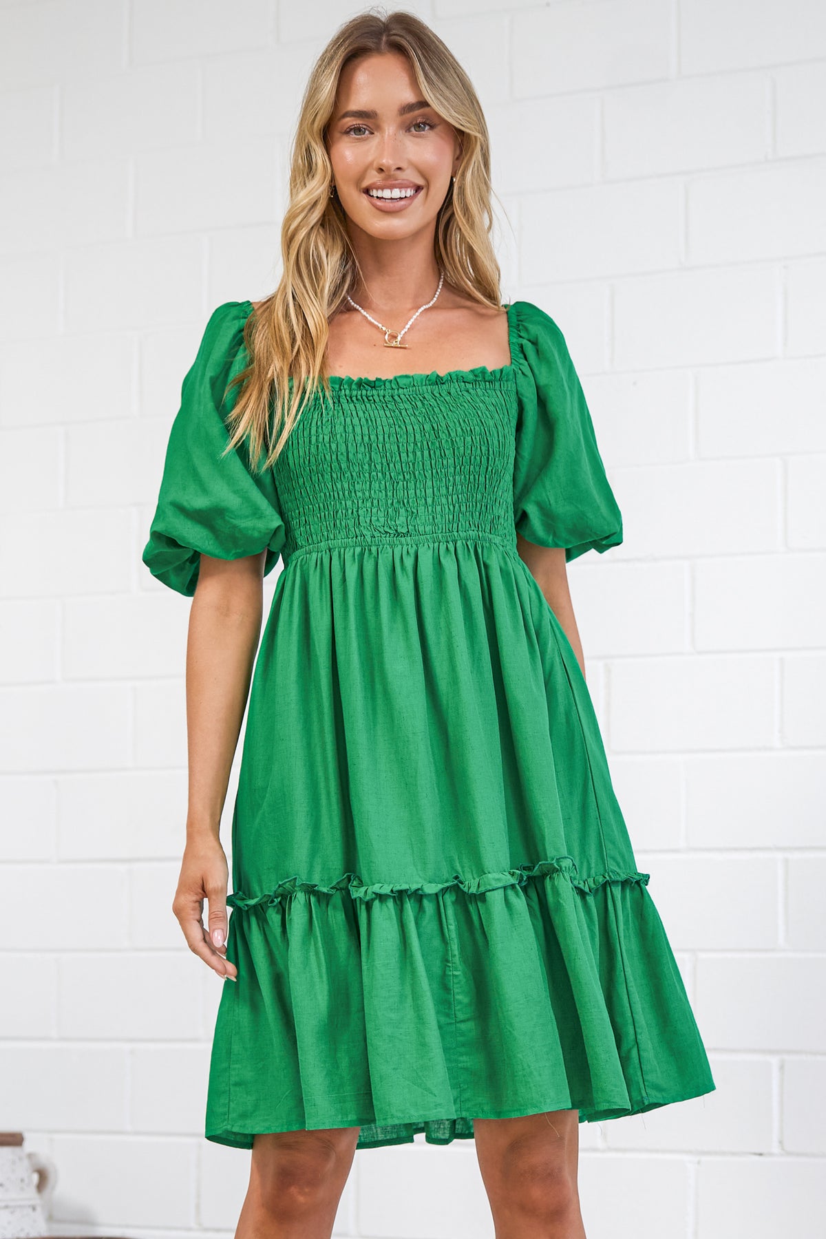 Virdia Mini Dress - On or Off Shoulder Puff Sleeve A Line Dress with Pockets in Green