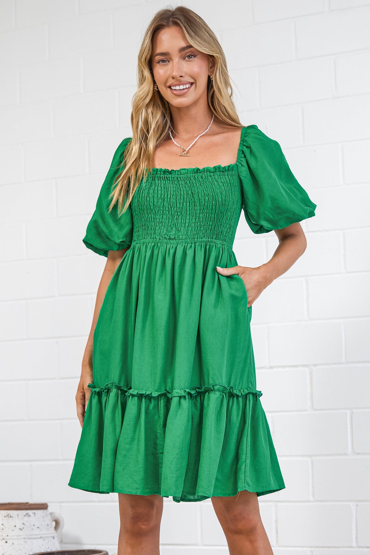 Virdia Mini Dress - On or Off Shoulder Puff Sleeve A Line Dress with Pockets in Green