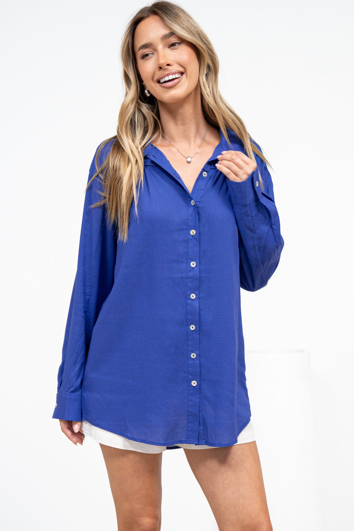 Voluta Shirt - Classic Point Collar Button Down with Long Button Cuff Sleeves in Cobalt Blue