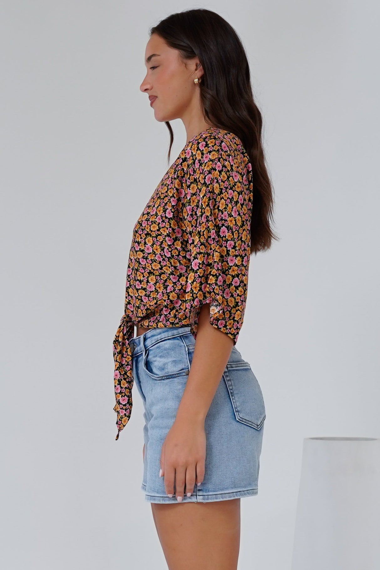 Waverly Top - V-Neck Button Down Top with Tie at Waist in Paige Print