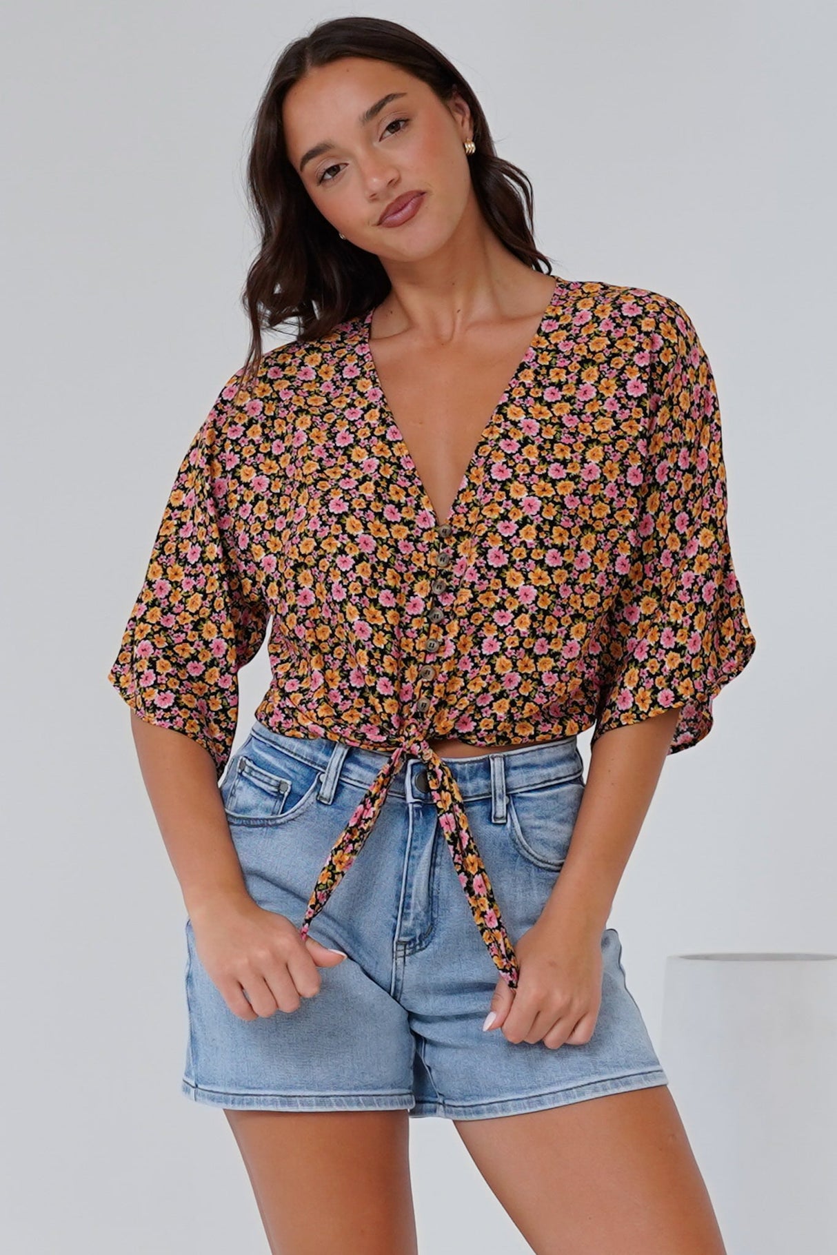 Waverly Top - V-Neck Button Down Top with Tie at Waist in Paige Print