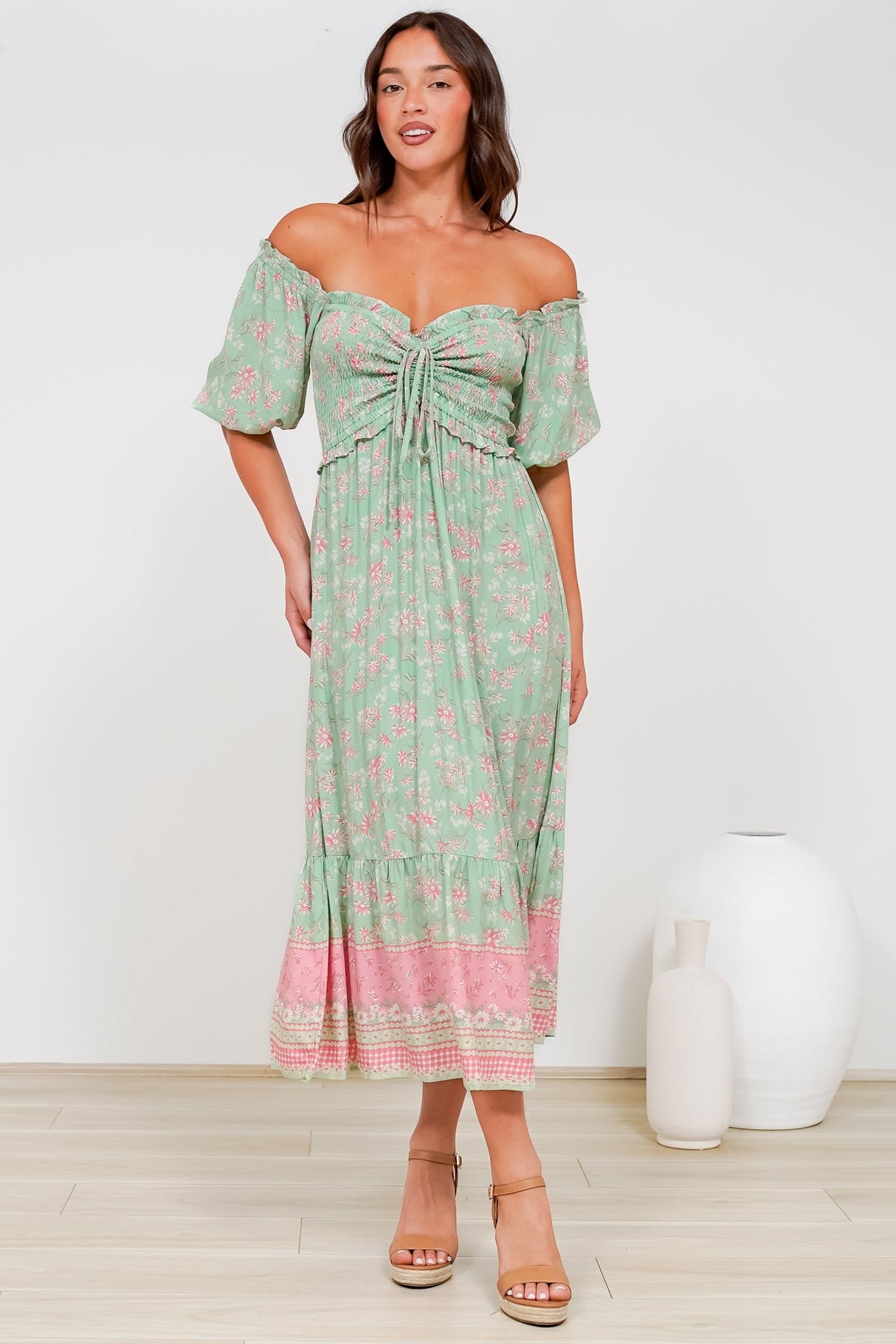 Wellington Midi Dress - On or Off Shoulder A-Line Dress in Roxia Print