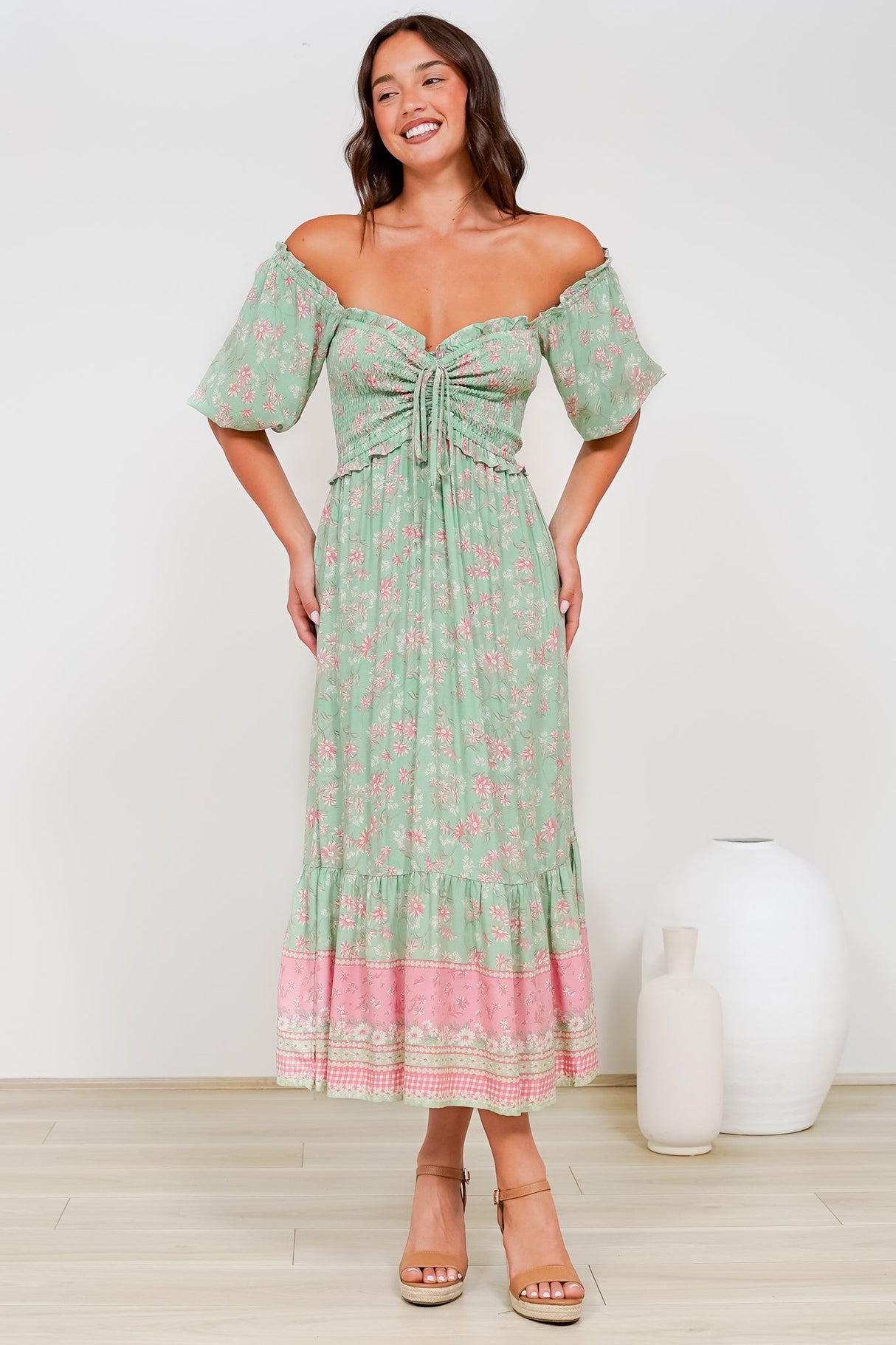 Wellington Midi Dress - On or Off Shoulder A-Line Dress in Roxia Print