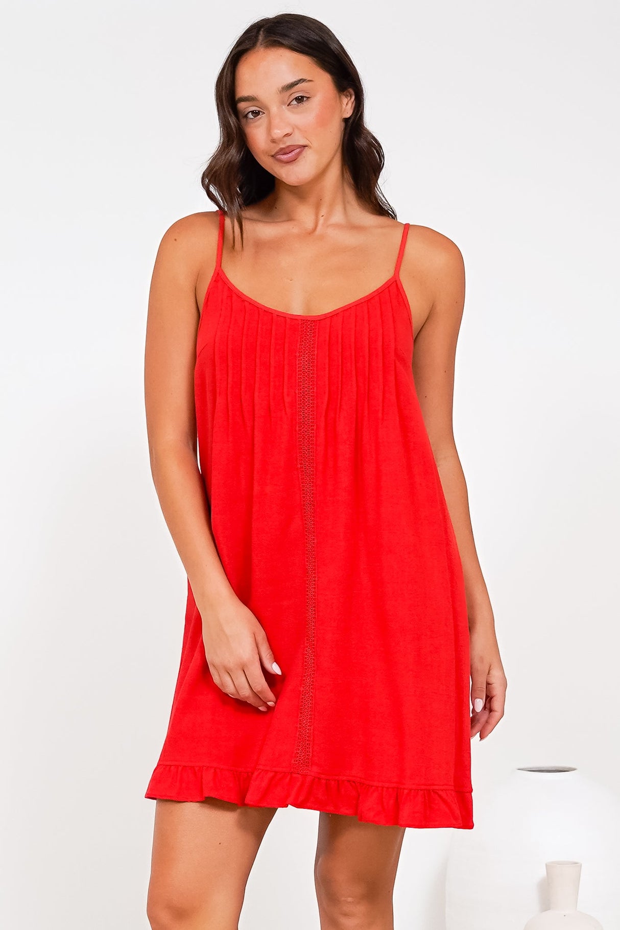 Wendy Mini Dress - Delicately Detailed Panel Relaxed Shift Dress with Spaghetti Straps in Red