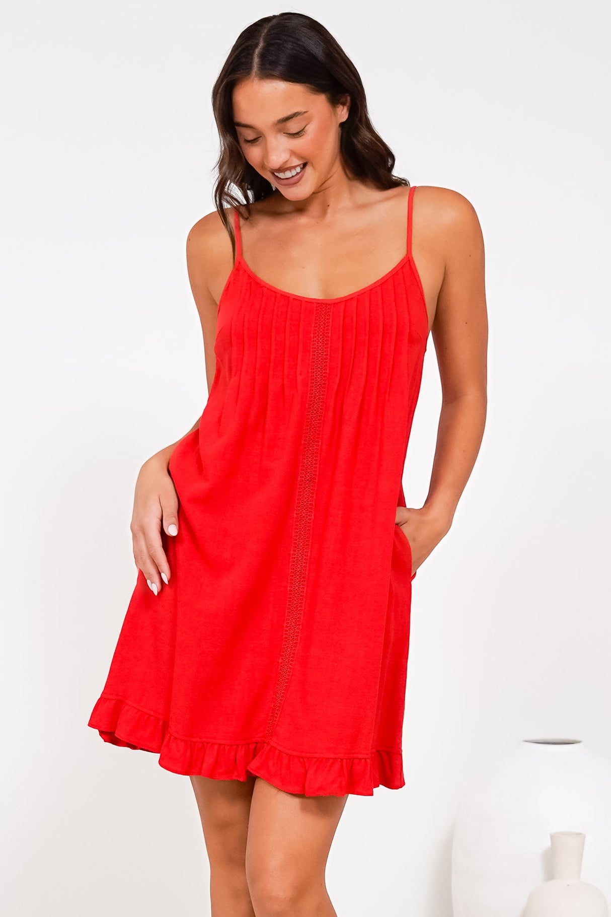 Wendy Mini Dress - Delicately Detailed Panel Relaxed Shift Dress with Spaghetti Straps in Red