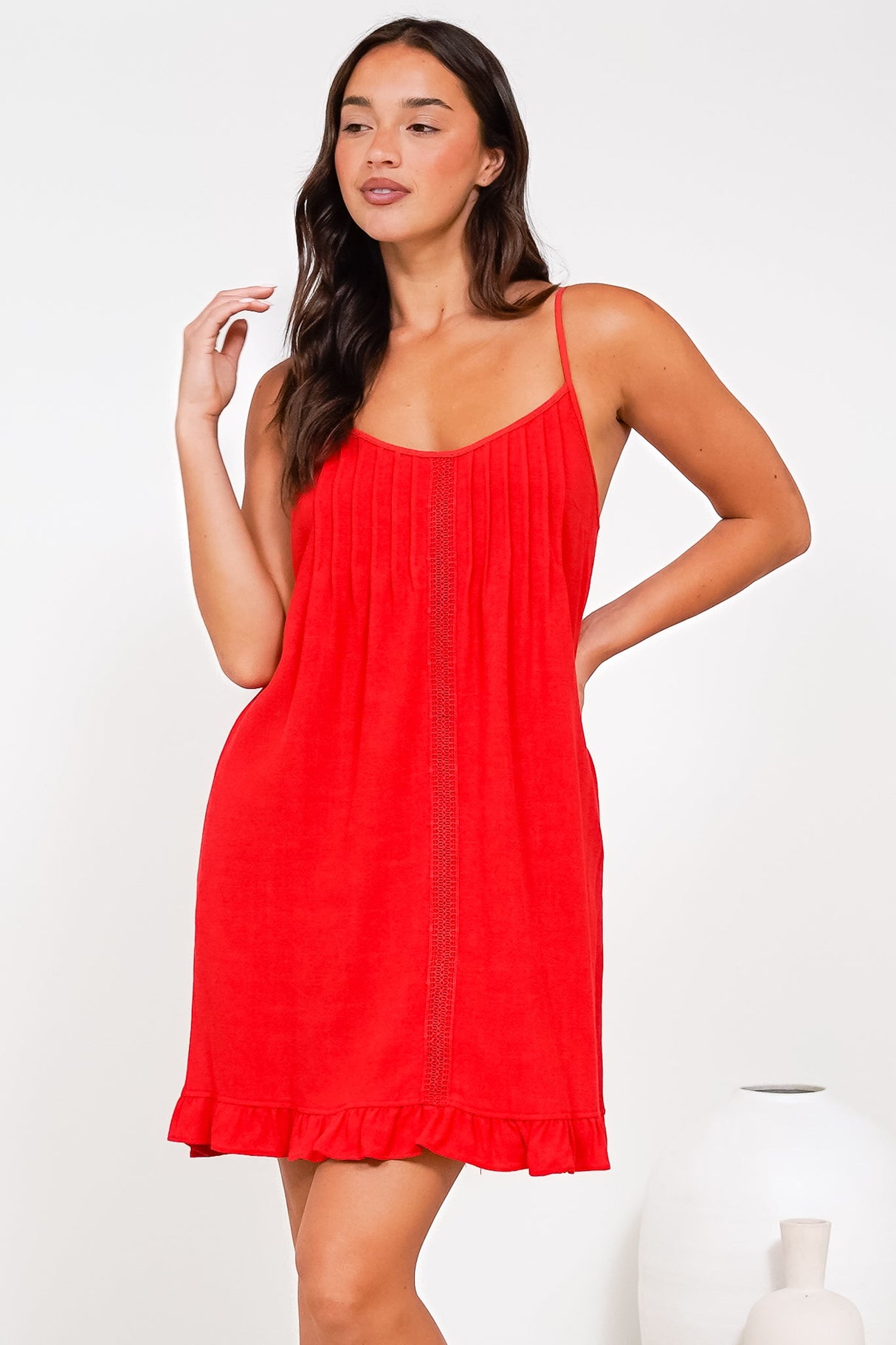 Wendy Mini Dress - Delicately Detailed Panel Relaxed Shift Dress with Spaghetti Straps in Red