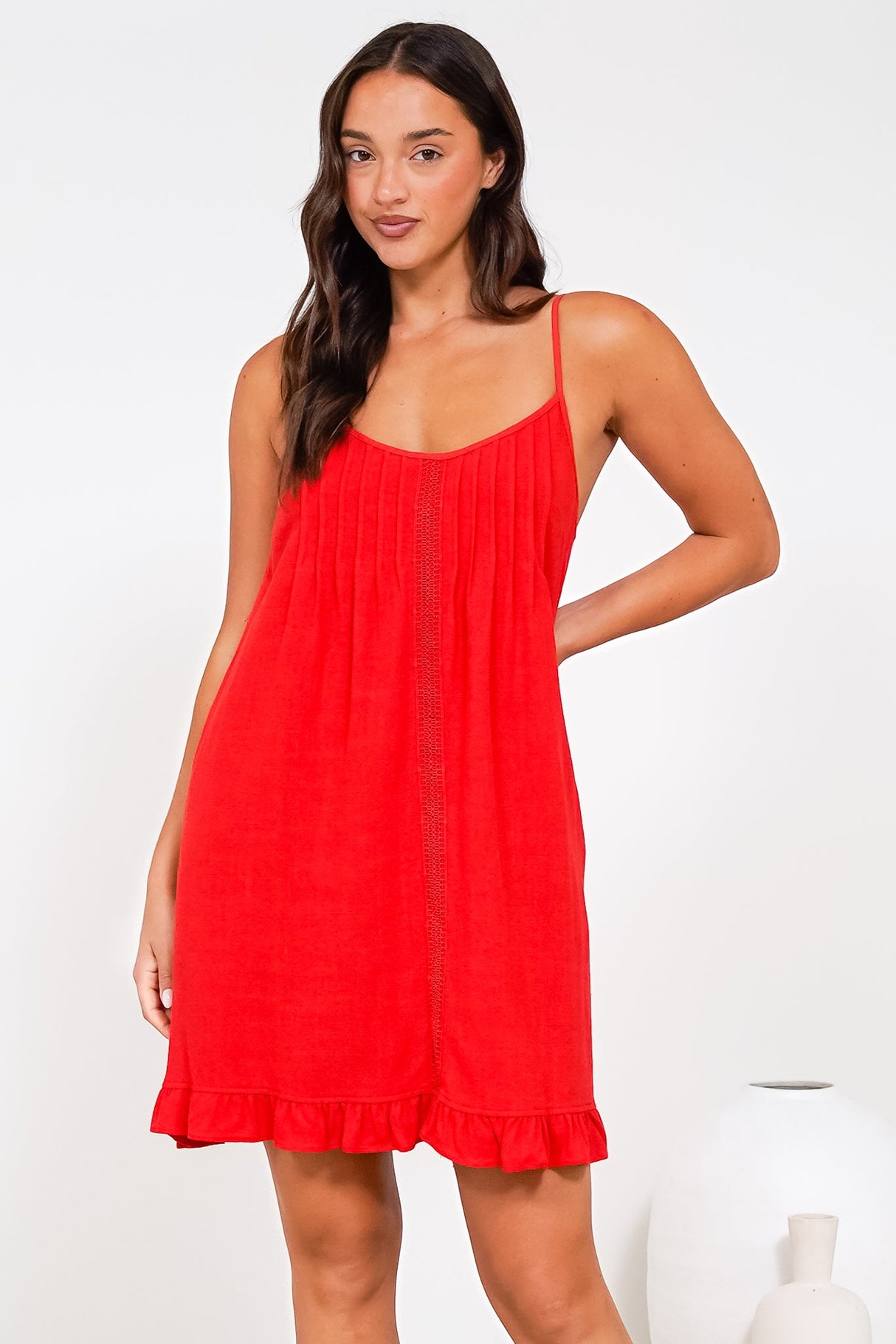 Wendy Mini Dress - Delicately Detailed Panel Relaxed Shift Dress with Spaghetti Straps in Red