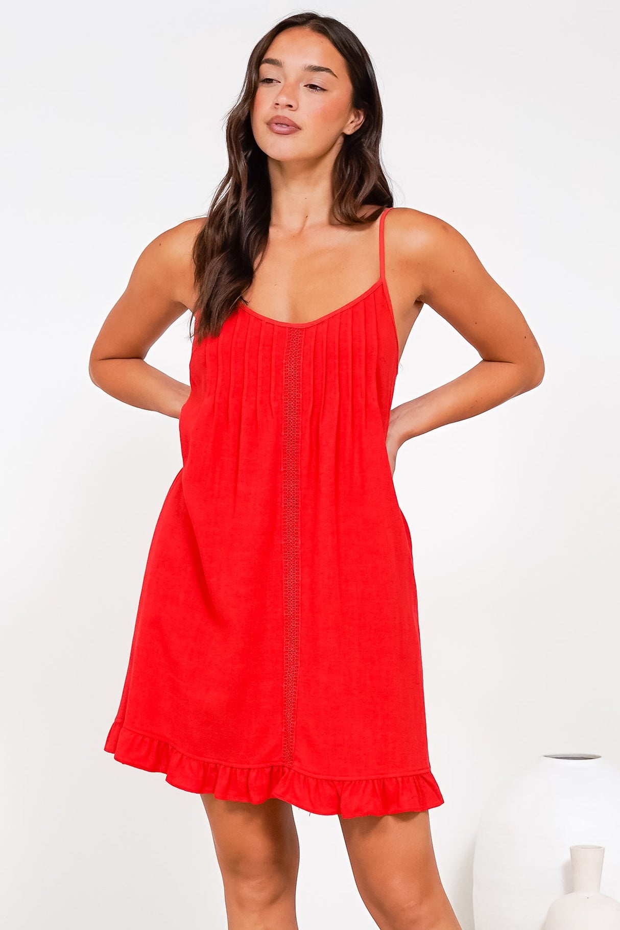 Wendy Mini Dress - Delicately Detailed Panel Relaxed Shift Dress with Spaghetti Straps in Red
