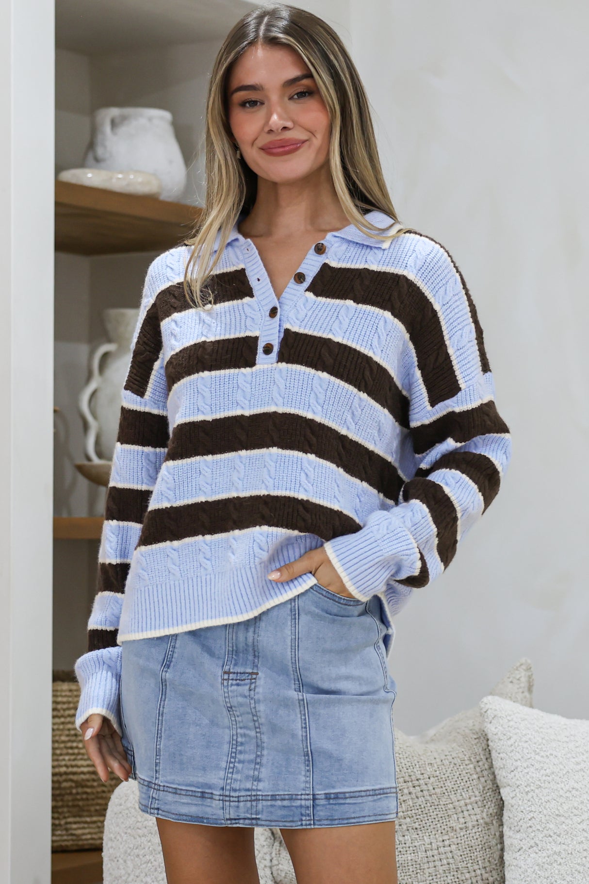 Westley Jumper - Wing Collared Striped Cable Knit with Buttoned Neckline in Blue/Coffee