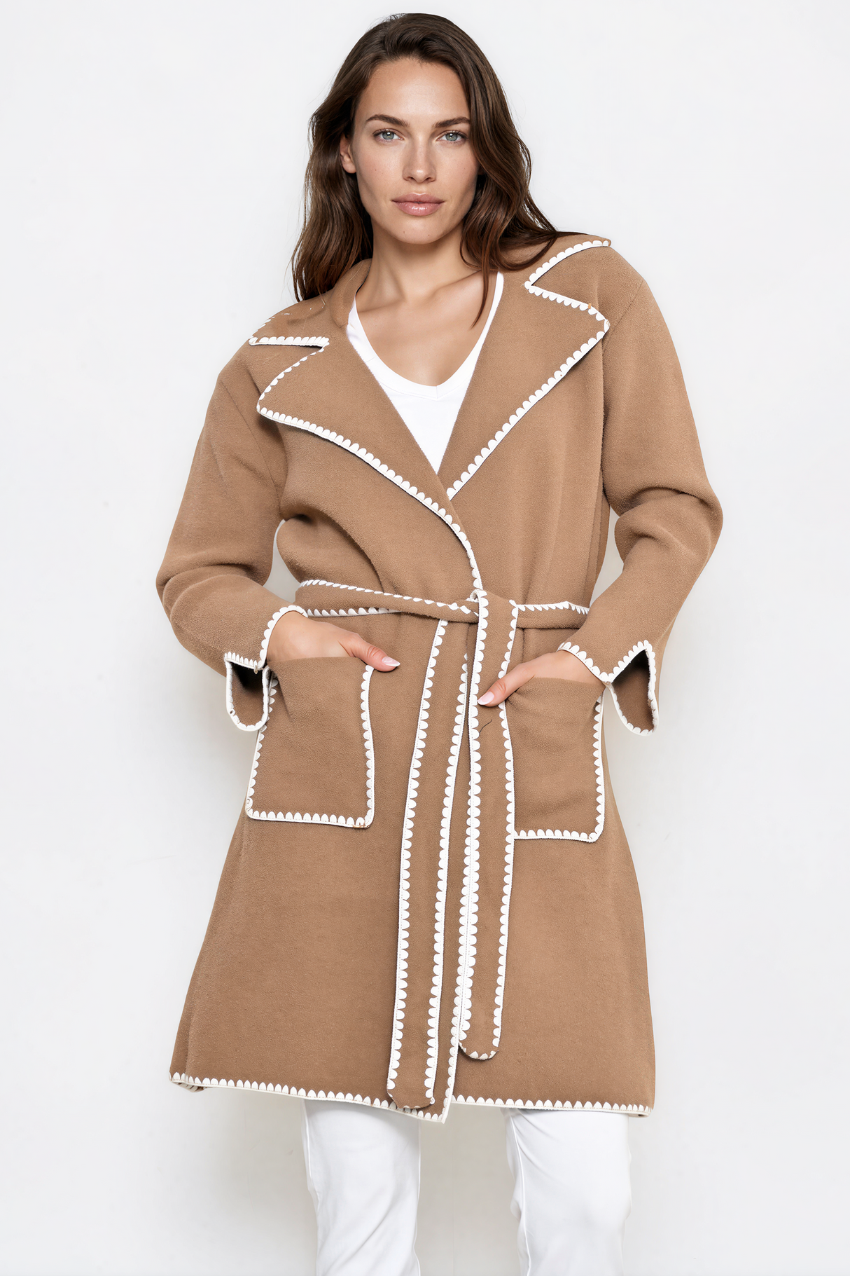 Falcon Cardigan - Lapel Collar Open Cardigan with Matching Belt and Contrast Stitch Hemlines in Tan