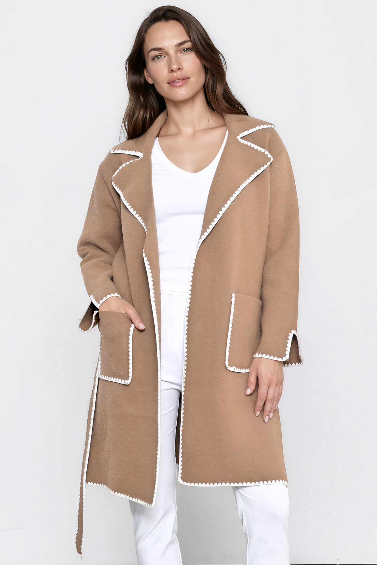 Falcon Cardigan - Lapel Collar Open Cardigan with Matching Belt and Contrast Stitch Hemlines in Tan