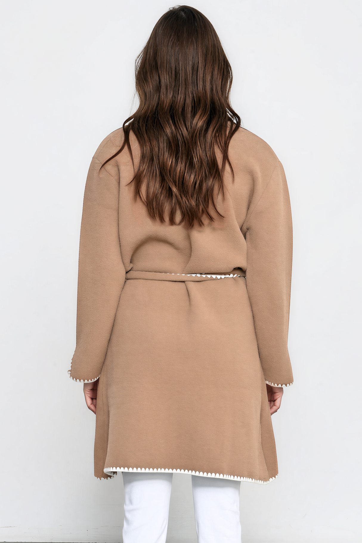Falcon Cardigan - Lapel Collar Open Cardigan with Matching Belt and Contrast Stitch Hemlines in Tan