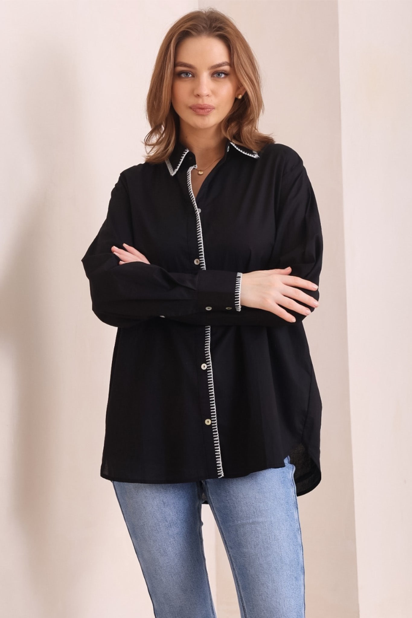 Whistler Shirt - Contrast Stitch Button Down Shirt in Black