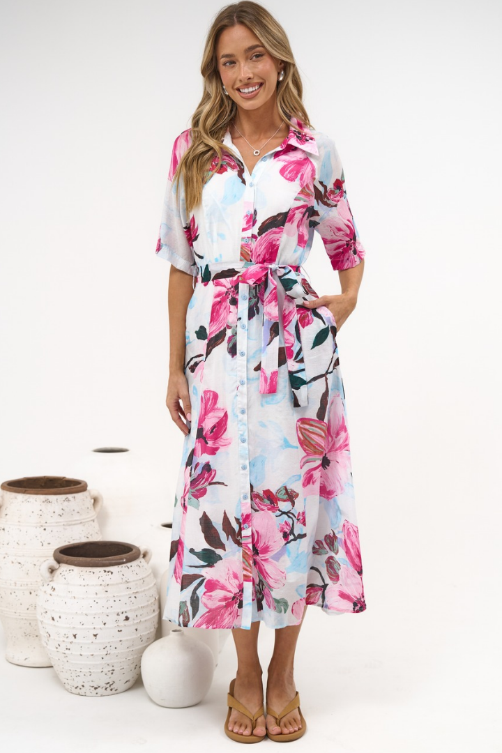 Posie Midi Dress - Collared Button Down Shirt Dress with Matching Waist Tie in Anemone Print