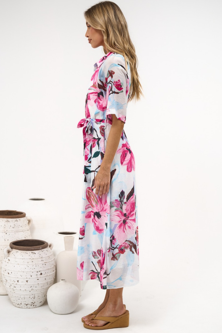 Posie Midi Dress - Collared Button Down Shirt Dress with Matching Waist Tie in Anemone Print