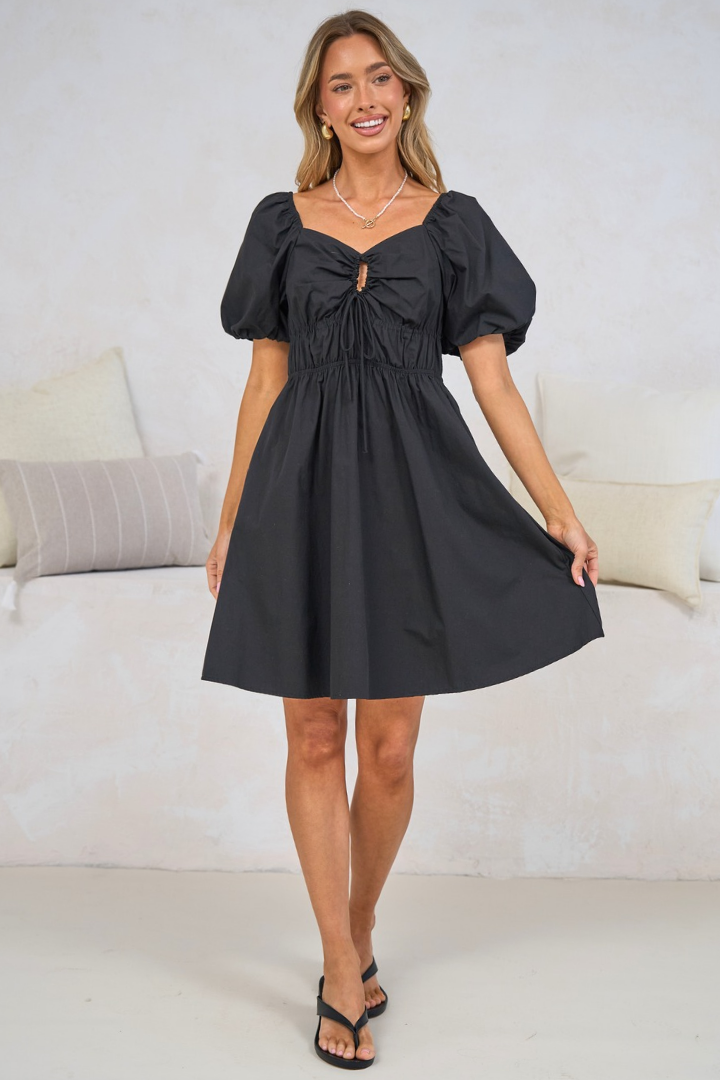 Asteria Mini Dress - On or Off Shoulder Cotton A-Line Dress with Puff Sleeves in Black