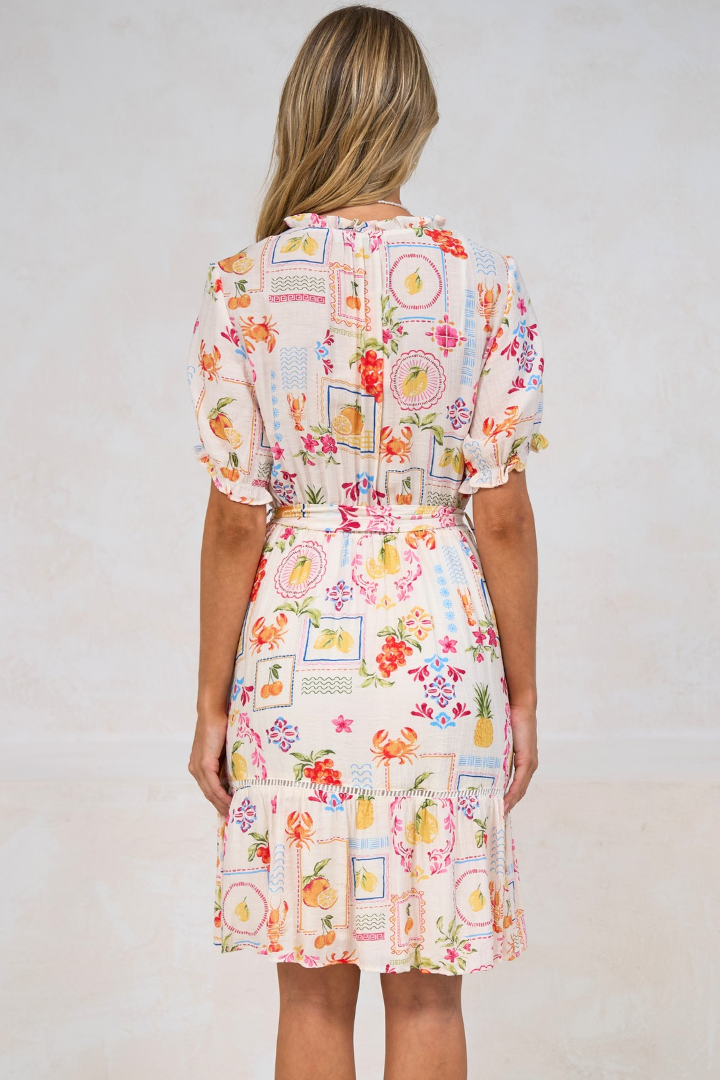 Nigella Mini Dress - Frill Collar Lattice Lace Detailed Dress with Waist Tie and Balloon Sleeves in Anelia Print