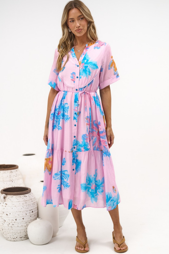 Corabella Midi Dress - Split V Neckline Lace Trim Detail Shirt Dress with Short Sleeves in Malva Print
