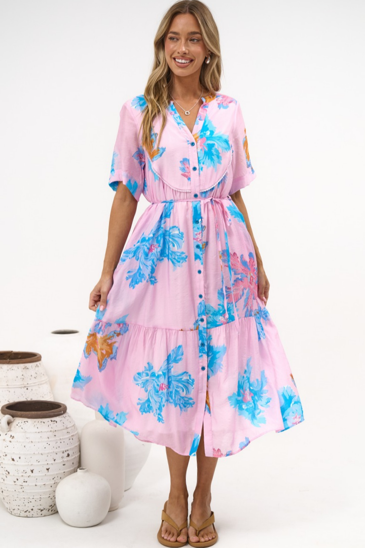 Corabella Midi Dress - Split V Neckline Lace Trim Detail Shirt Dress with Short Sleeves in Malva Print