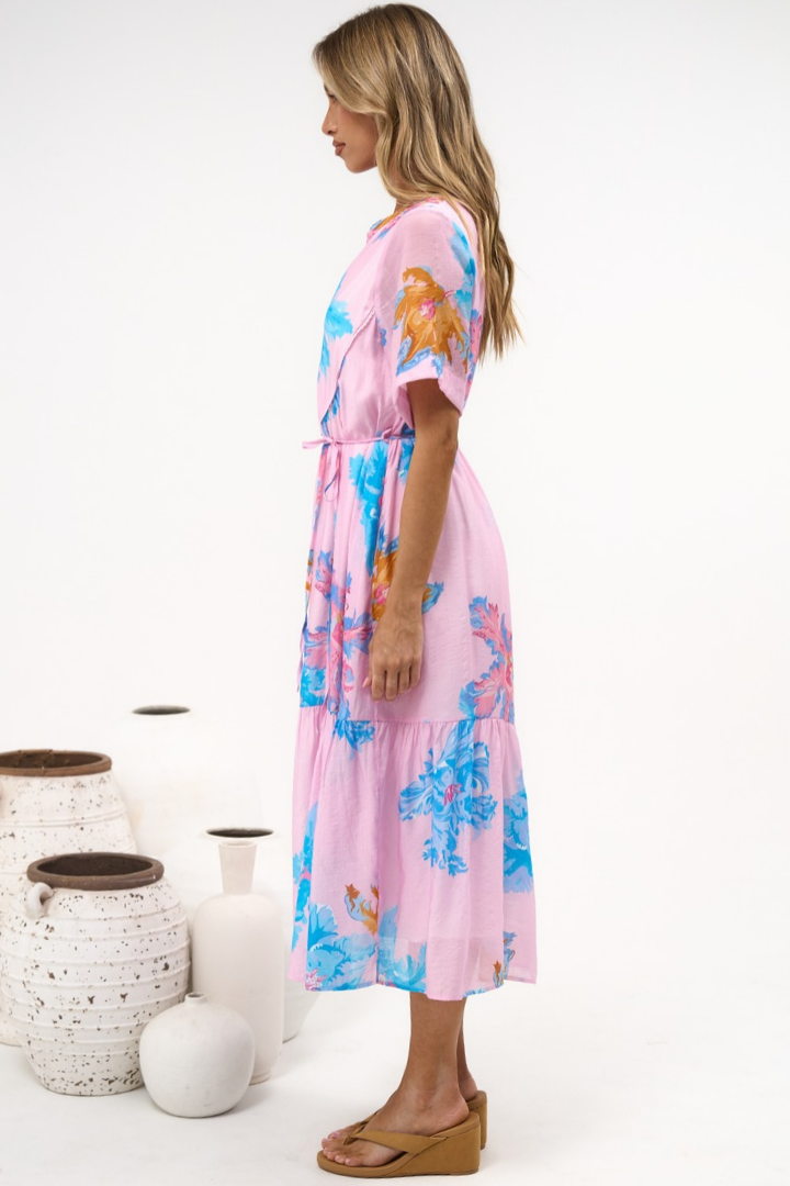 Corabella Midi Dress - Split V Neckline Lace Trim Detail Shirt Dress with Short Sleeves in Malva Print