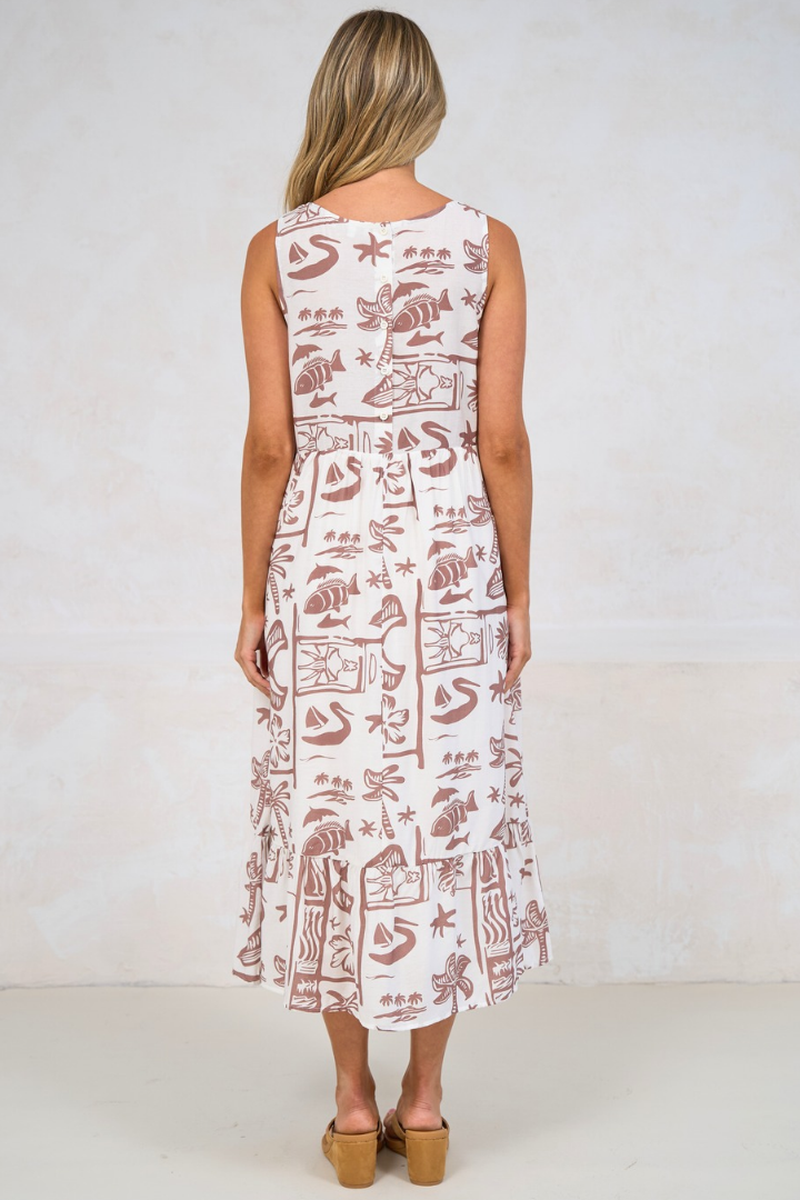 Sable Midi Dress - Round Neck Sleeveless Dress with Pockets in Liberty Print Mocha