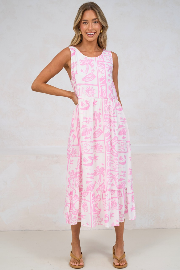 Sable Midi Dress - Round Neck Sleeveless Dress with Pockets in Liberty Print Pink