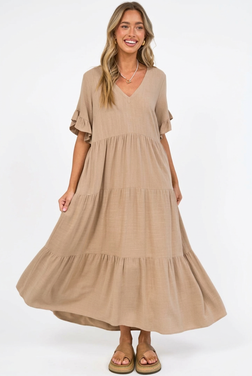 Audrina Midi Dress - Pull Over V Neck Tiered Dress with Pockets in Camel