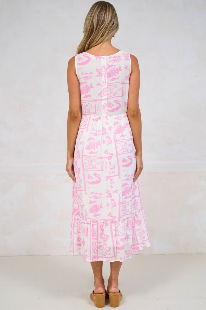 Sable Midi Dress - Round Neck Sleeveless Dress with Pockets in Liberty Print Pink