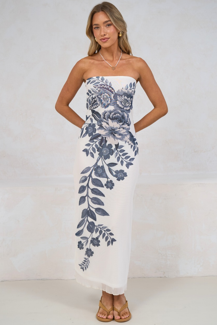 Liberty Maxi Dress - Strapless Mesh Overlay A Line Dress in Mazarine Print Navy