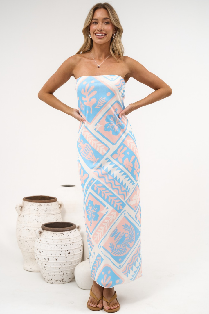 Liberty Maxi Dress - Strapless Mesh Overlay A Line Dress in Corallia Print