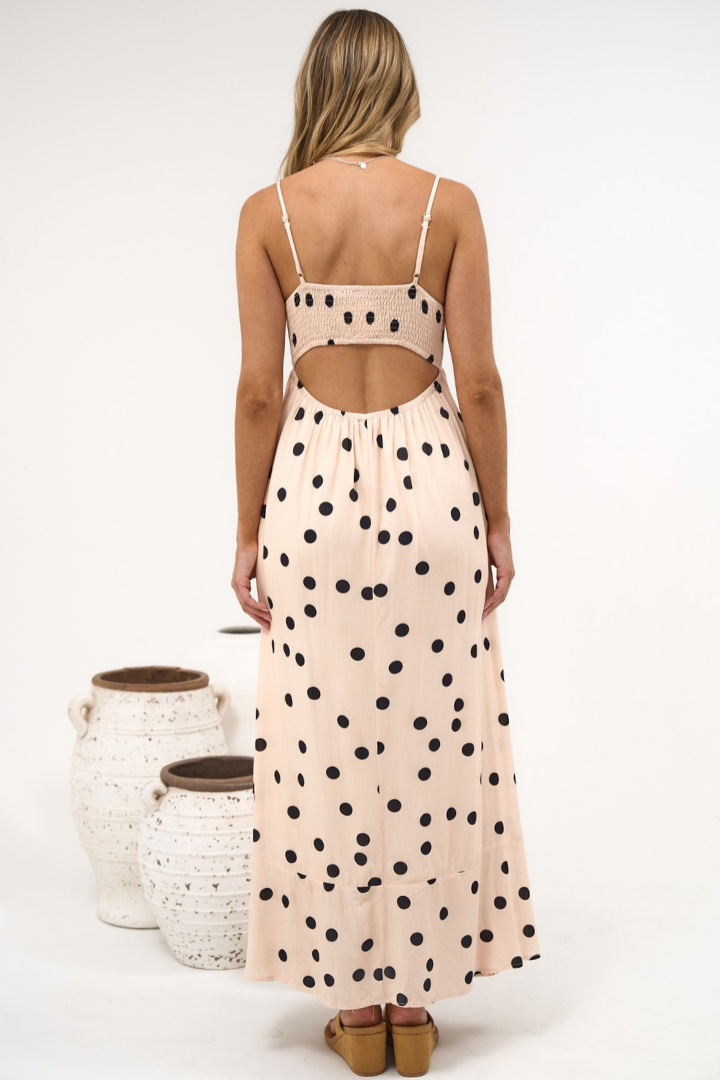 Sundae Maxi Dress - Square Neck Sun Dress with Cut Out Back in Kiki Print Beige