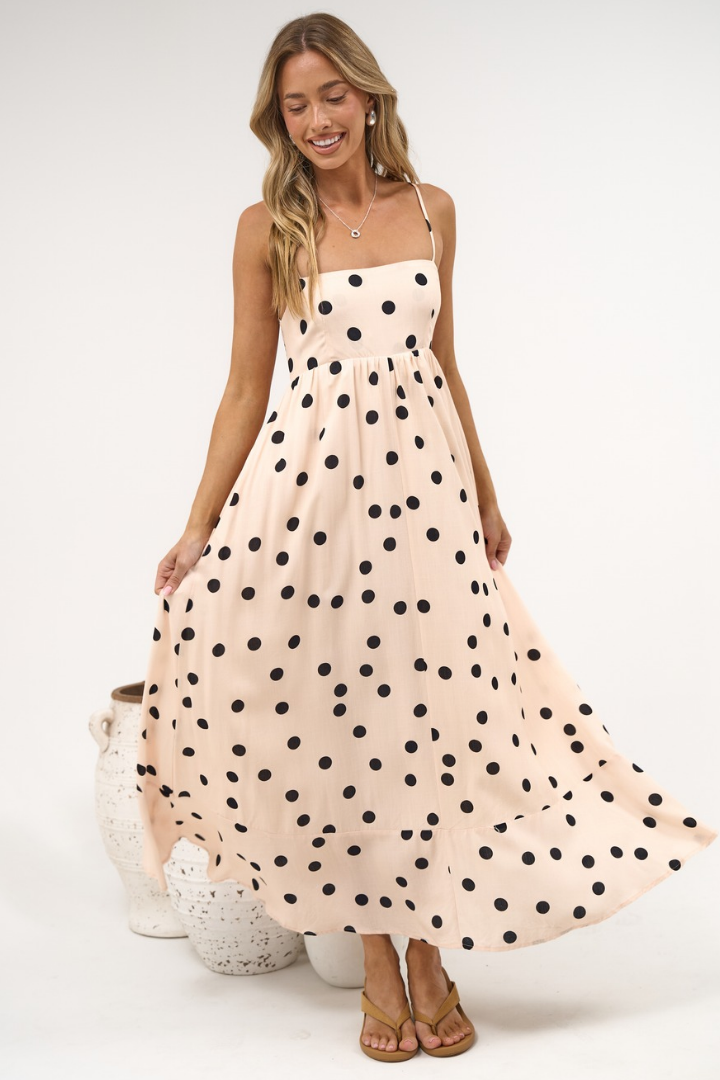 Sundae Maxi Dress - Square Neck Sun Dress with Cut Out Back in Kiki Print Beige