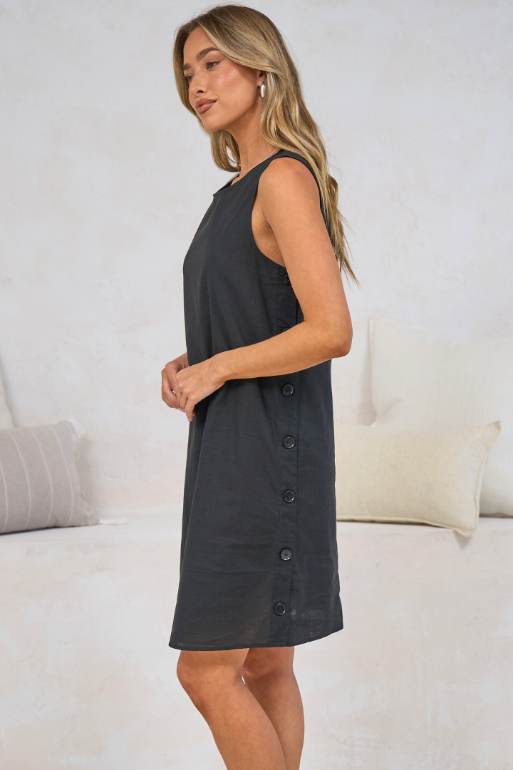 Bonny Mini Dress - Sleeveless Shift Dress with Large Button Detailed Side Seams in Black